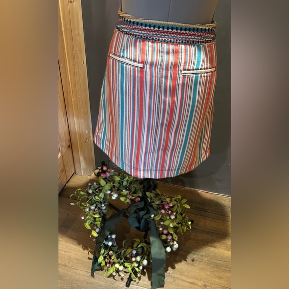 Anthropologie Maeve Sophy Embroidered-Waist Striped A-Line Skirt Size 16 - Picture 3 of 11